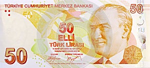 50 Lira banknote front. Turkish money photo