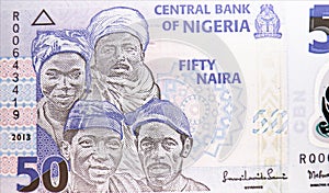 50 Naira banknote. Bank of Nigeria. National currency. Fragment: Nigerians, varied citizenry