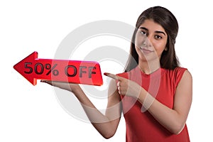 50% off arrow banner on hand