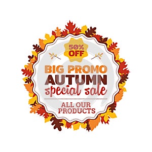 50% off big promo autumn special sale badge with autumn fall dry leaf frame vector illustration.