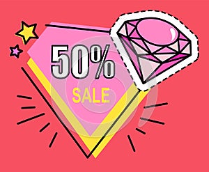 50 off discount, colorful sticker with diamond, discount offer, advert label, promo action