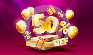50 Off. Discount creative composition. 3d sale symbol with decorative objects, golden confetti, podium and gift box