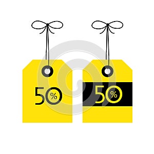 50 OFF tag icon, vector illustration. Black and yellow color co