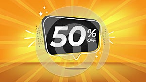 50 off. Yellow motion banner with fifty percent discount.