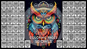 50 Owls: Anti-stress coloring pages. AI Generated.