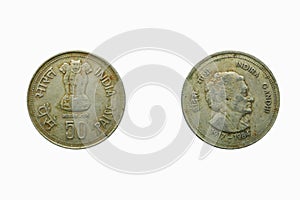 50 paise Indian coin currency, behind Indira Gandhi inprint, studio shot