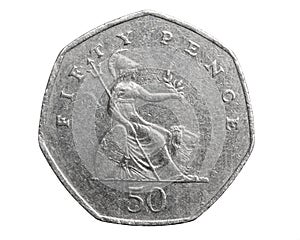 50 pence coin on a white isolated background