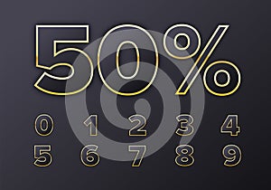 50 percent. Golden metallic numbers in luxury style with shadow on black background for sale banner. Vector.