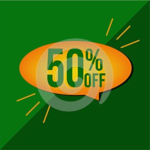 50 percent off. Ballon yellow discount banner on green background