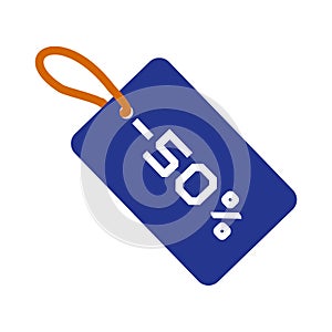 50 percent off Blue Tag on white background. Flat or Cartoon Vector Illustration. Design Graphic Art for Discount, Store Sale,