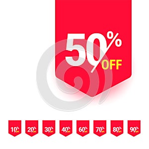 50 percent off. Discount offer price tag, vector label, promo discount symbol, best sale offer, promo marketing badge