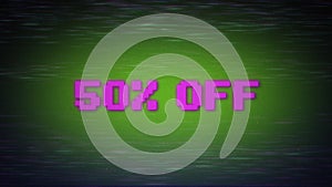 50 percent off discount sale cartoon message, neon glitch style.