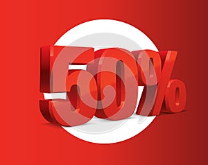 50 percent off, sale background, red metall object 3D.