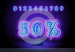 50 percent off set of neon signs on a dark background. Realistic vector illustration. Perforated black metal grill wall