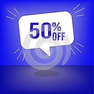 50 percent off. white discount banner on blue background