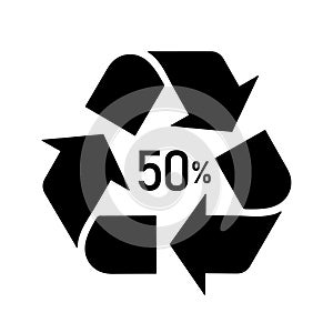 50 percent recycled material sign, bio matter organic material recycling symbol fifty percent, black filled vector