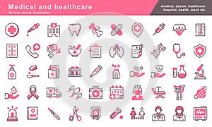 50 pink color Medical and healthcare icon set, Simple symbol collection, mask,protection,doctor,nurse,emergency and hospital