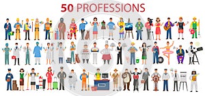 50 professions. Big set of professions in cartoon flat style for children. International Workers` Day, Labour Day