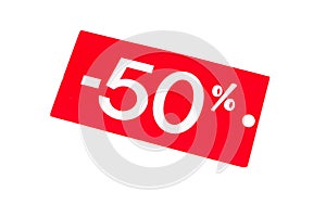 50% sale discount tag label red offer price isolated white background
