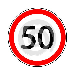 50 speed limit sign. 50 km speed limit for car. Road sign with restriction of fifty kmh. Icon for traffic on city or highway.