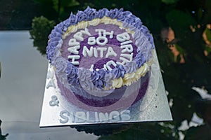 50 th birthday cake made out of purple yams