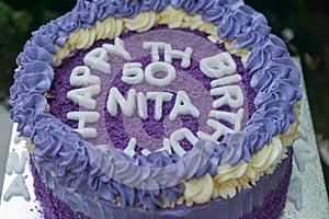 50 th birthday cake made out of purple yams