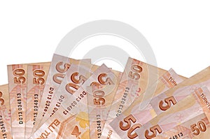 50 Turkish liras bills lies on bottom side of screen isolated on white background with copy space. Background banner template