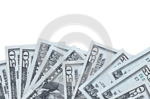 50 US dollars bills lies on bottom side of screen isolated on white background with copy space. Background banner template