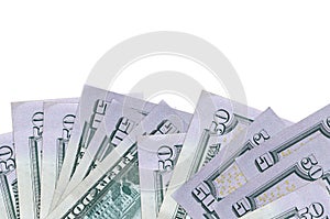50 US dollars bills lies on bottom side of screen isolated on white background with copy space. Background banner template