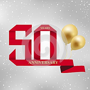 50 years anniversary celebration logotype.50th years anniversary red ribbon and gold balloon on gray background.