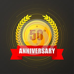 50 years anniversary gold button, label, logo on black backgrouund. Vector illustration.