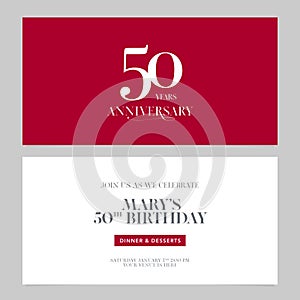 50 years anniversary invitation vector illustration. Graphic design double-sided template