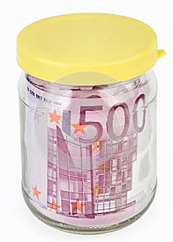 500 Euro bank notes in a glass jar