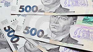 500 hryvnia bills. National currency of Ukraine. Cash paper money close up background