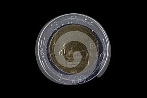 500 italian lira coin from 1987 isolated on black