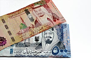 500 SAR Five hundred Saudi Arabia riyals cash money with king AbdulAziz Al Saud and Kabaa and 100 SAR one hundred Saudi Arabia