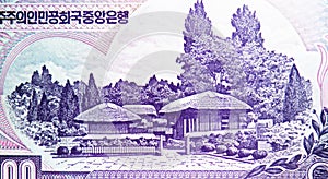 5000 Won banknote, Bank of Korea, closeup bill fragment shows Mangyongdae-guyok