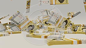 50000 South Korean won money composition. Financial background. Many banknotes and wads of money. Cash. 3D render.