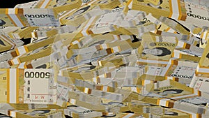 50000 South Korean won money composition. Financial background. Many banknotes and wads of money. Cash. 3D render.