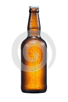 500ml brown beer beer bottle with drops isolated without shadow on a white background