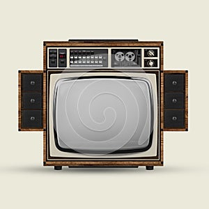 50s, 60s fashion style. Fictional, created model of retro tv set with blank grey screen isolated over white background