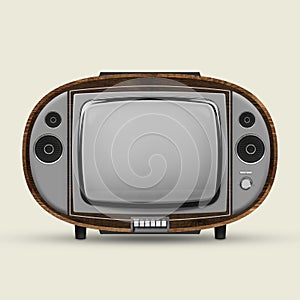 50s, 60s fashion style. Fictional, created model of retro tv set with blank grey screen isolated over white background