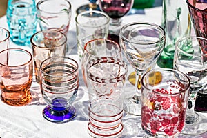 50s glasses in different colors and shapes at garage sal