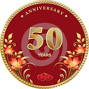 50th anniversary celebration, greeting card with flowers of lilies and hearts. Vector illustration