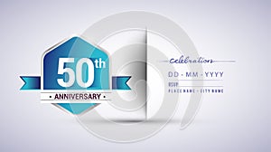 50th anniversary invitation card for birthday celebration isolated in blue hexagon shape, vector design
