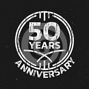 50th Anniversary logo or icon. 50 years round stamp design with grunge, rough texture. Birthday celebrating, jubilee