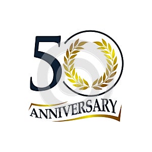50th anniversary vector logo illustration. 50 years golden anniversary celebration logotype with number and ribbon. Fivety years