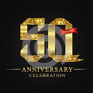 50th anniversary years celebration logotype. Logo ribbon gold number and red ribbon on black background.