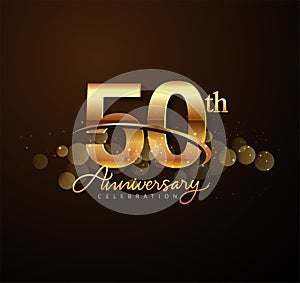 50th golden anniversary logo with swoosh and sparkle golden colored isolated on elegant background, vector design for greeting