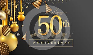50th years anniversary design for greeting cards and invitation, with balloon, confetti and gift box, elegant design with gold and